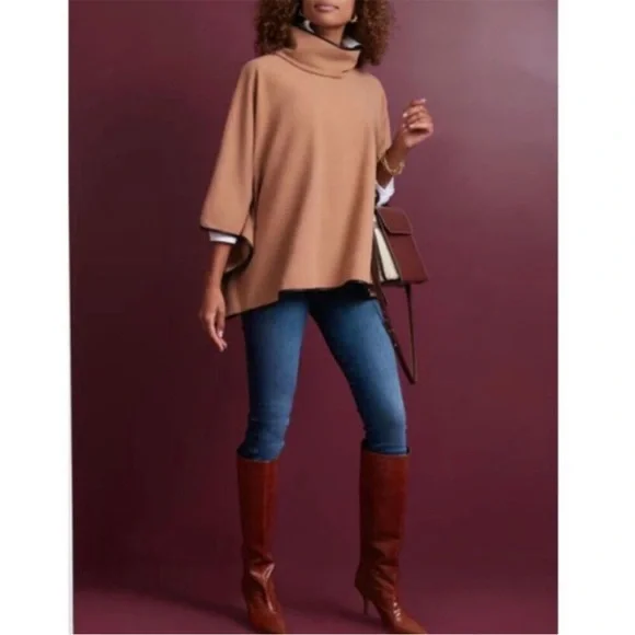 Tuckernuck Piper Poncho Funnel Neck Camel Tan Leather Trim O/S - Picture 4 of 12